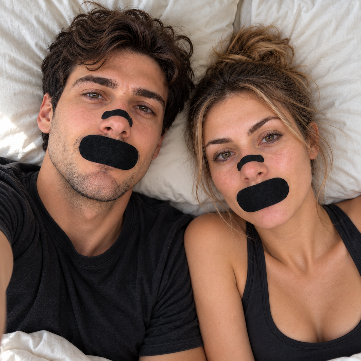 A person wearing a Solvane nasal strip and mouth tape. (30 nights)